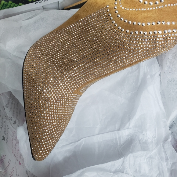 Tan Western Knee High Sexy Boots Studs & Stones - Picture 8 of 10